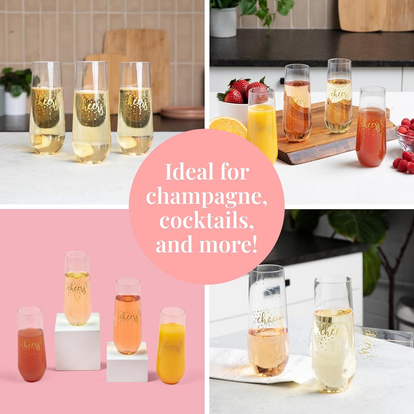 Prestee 24 Pack Stemless Plastic Champagne Flutes - 9 Oz Disposable Cheers Toast Cups for New Years Eve - Shatterproof Drinkware for Cocktails, and Mimosa Bar Supplies