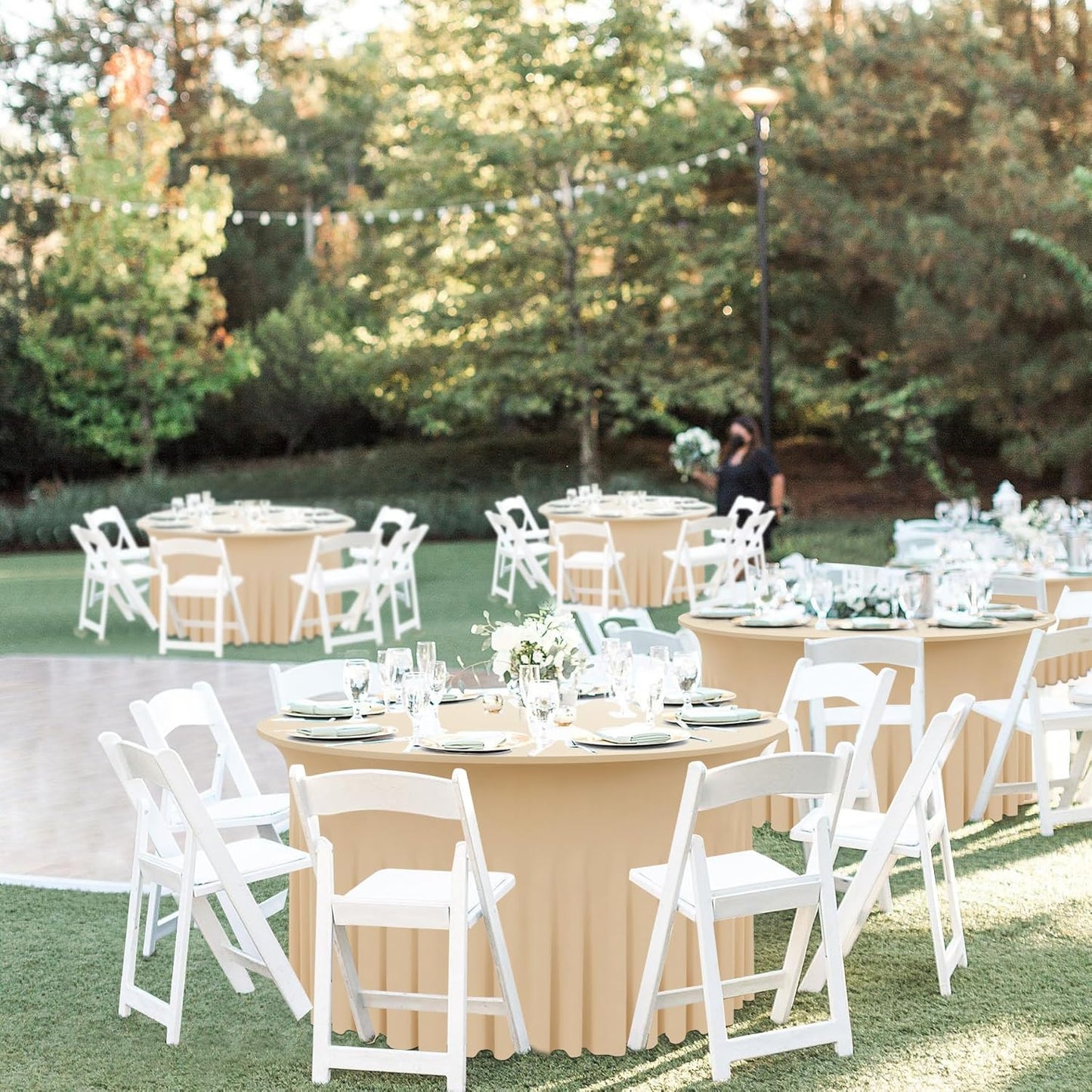 6 Pack Champagne Round Spandex Tablecloth 60 Inch, Wrinkle Free Stretch 120 Inch Fitted 5ft Champagne Table Cloths Round Table Covers with Ruffle Skirt for Party Wedding Banquet