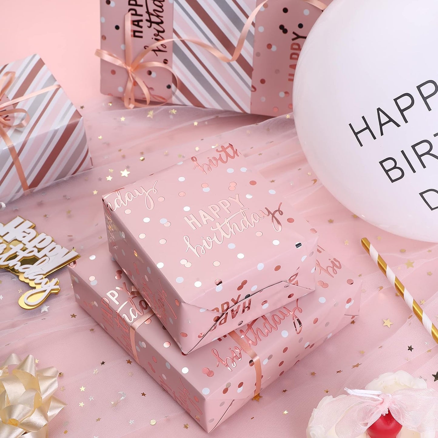 LeZakaa Reversible Pink Birthday Wrapping Paper Roll for Girls Women, Happy Birthday Lettering & Stripe Pattern with Metallic Foil in Pink, Mini Roll, 17 inches x 32.8 Feet (46.45 sq.ft.)