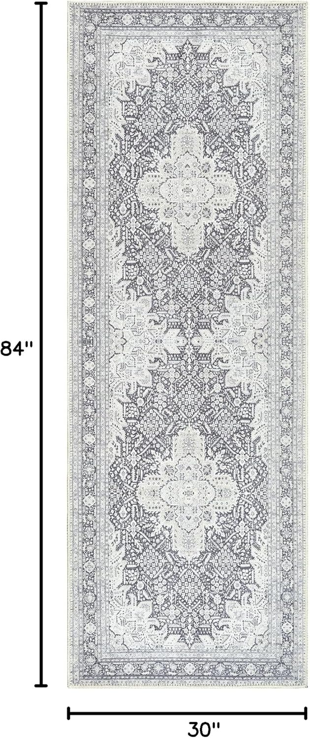 Bloom Rugs Washable Non-Slip 7 ft Runner - Charcoal Blue Traditional Medallion Runner for Entryway, Hallway, Bathroom, and Kitchen - Exact Size: 2.5' x 7'
