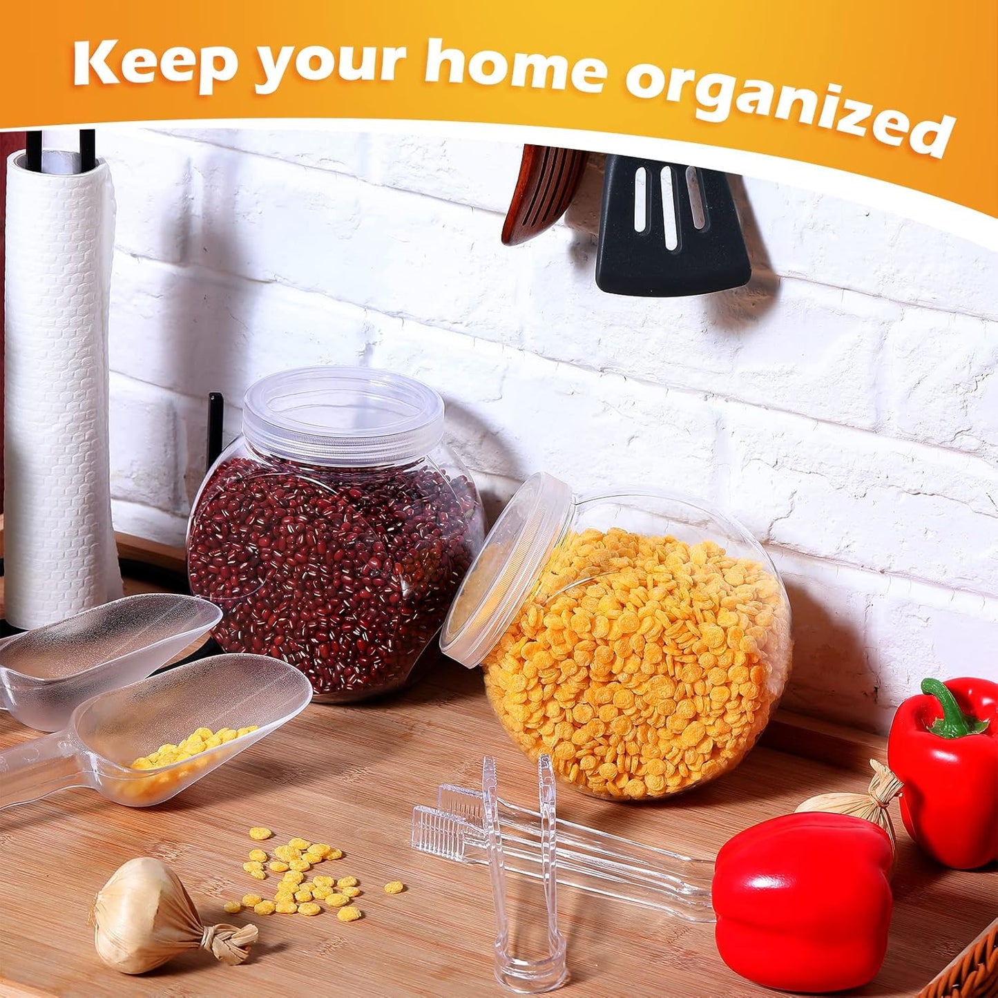 Sunnyray 6 Sets 51 oz Plastic Candy Jars for Candy Buffet with Lids Clear Bar Jars with Scoops and Tongs Kitchen Office Party Cookie Storage Containers for Dry Food Snacks Candies Cookies Coffee Pods