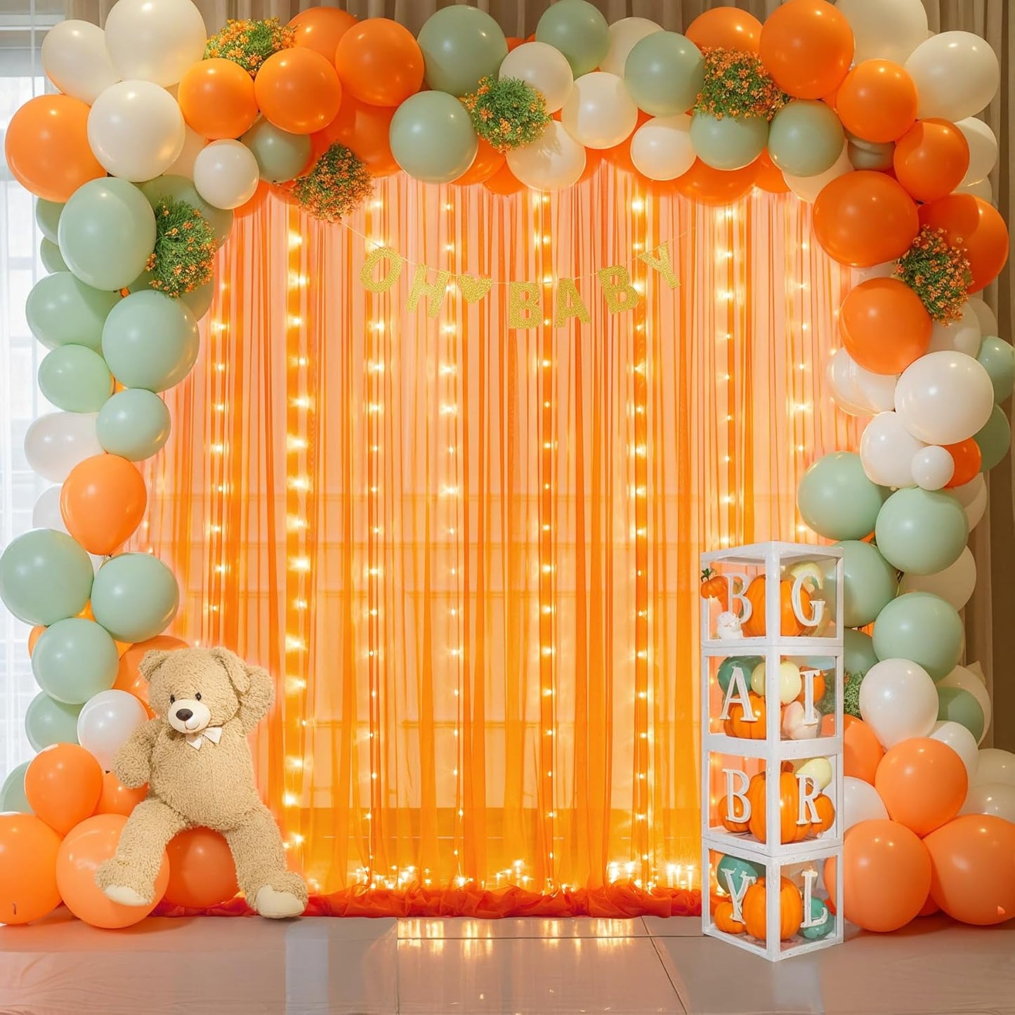 Orange Tulle Backdrop Curtain with Lights String for Parites 10x8ft Sheer Backdrop Curtains Drapes for Birthday Party Baby Shower Wedding Ceremony Prom Halloween Photo Booth Background Decorations
