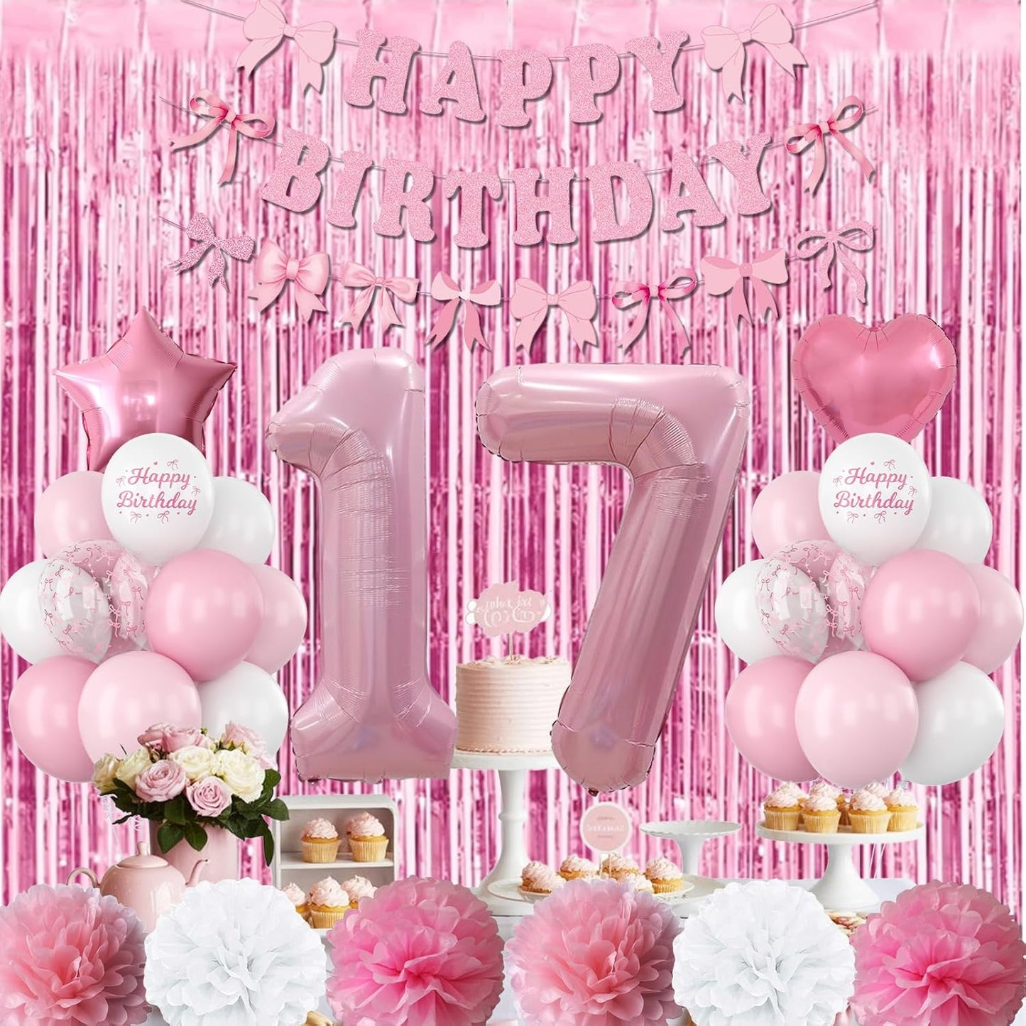 17th Birthday Decorations for Girls Pink Number 17 Balloon Bow Coquette Happy Birthday Banner Fringe Curtain Paper Pom Poms Star Heart Foil Pink White Balloons 17 Year Old Party Decor for Her