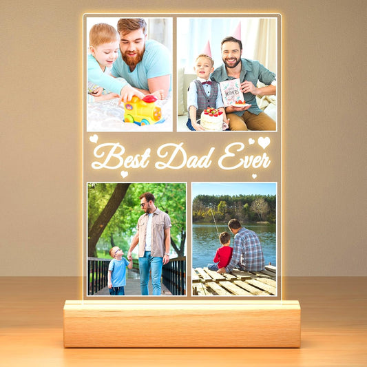 Best Dad Ever Gifts, Custom Collage Picture Frames with Night Light, Customized Acrylic Plaque Photo Frame, Personalized Birthday Photo Gifts for Dad, Baby, Kids, Family