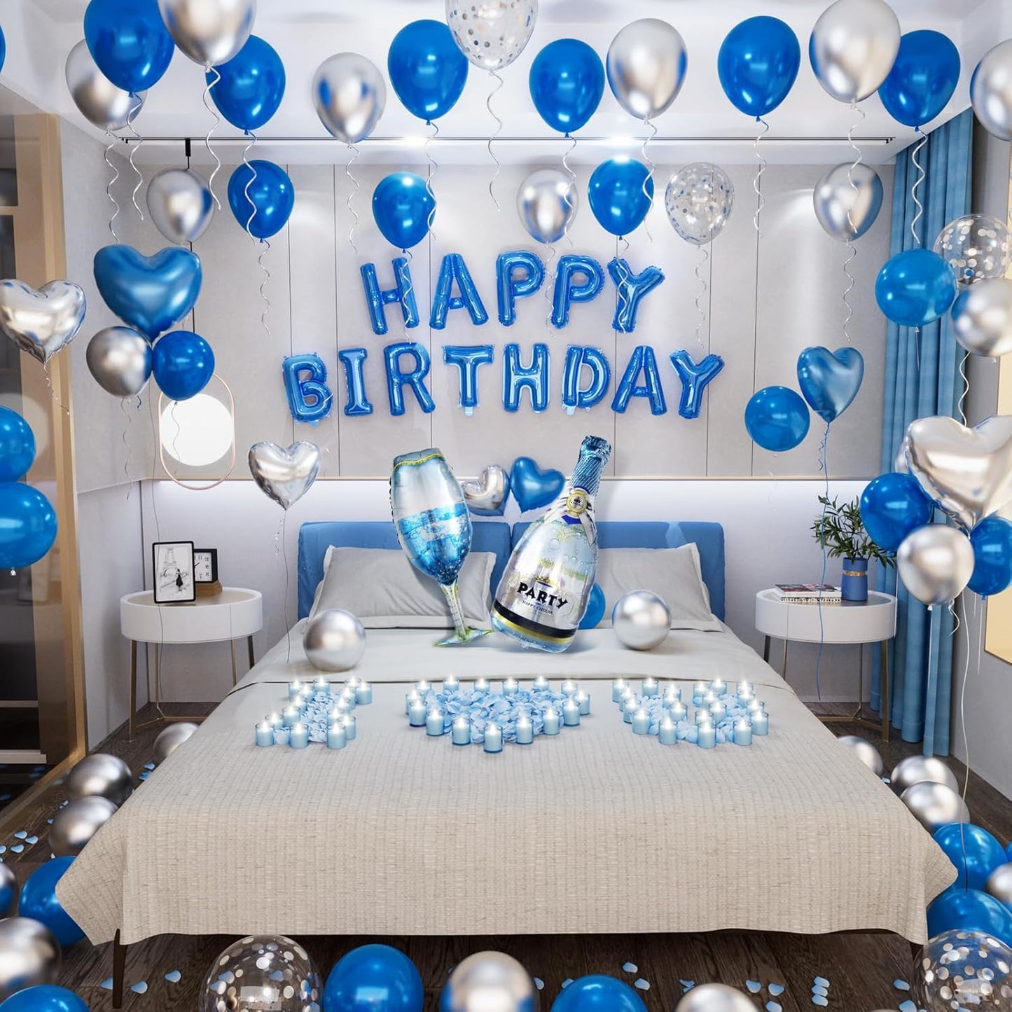 Blue Happy Birthday Decorations for Men Blue and Silver Biirthday Balloon Letters Banner with Heart-Shaped Champagne Bottle Wine Glass Balloons Rose Petals for Room Birthday Party Decor