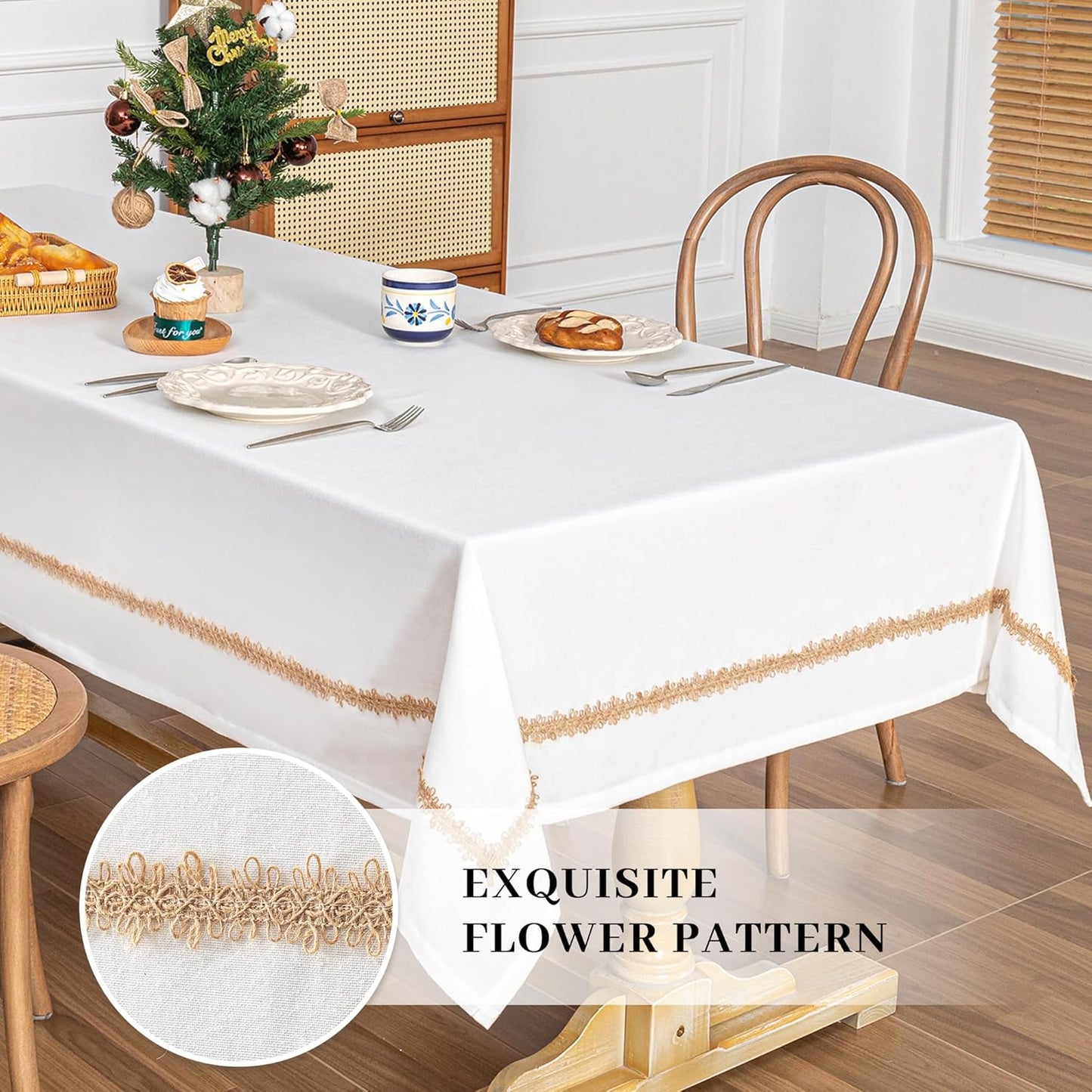 MYSKY HOME Rectangular Table Cloth, 55"X86", Waterproof, Soft Cotton/Polyester Blend, Floral Pattern, Tassel Trim, All-Season, Indoor/Outdoor, 6-8 Seats