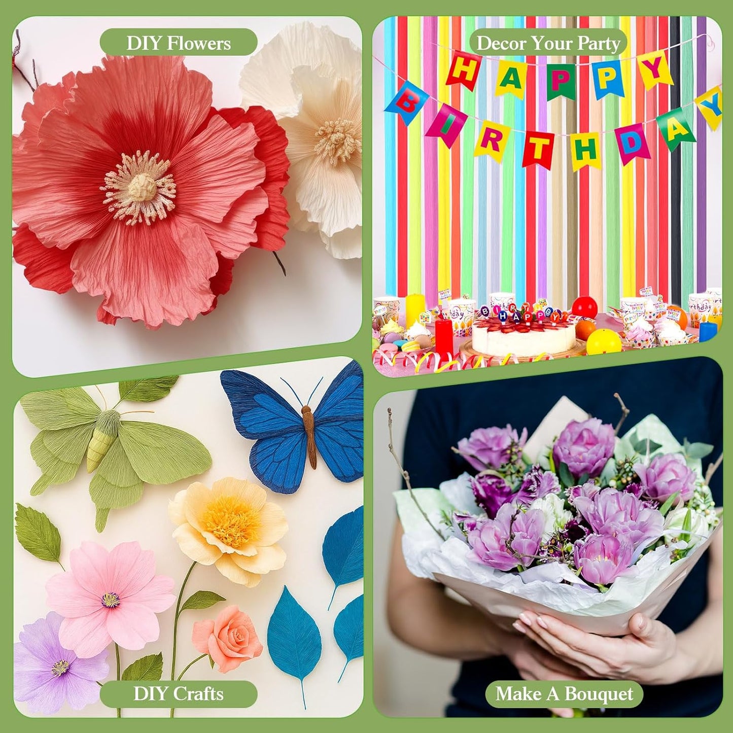 Humyoun 24 Pack Crepe Paper Rolls 16 Inch Wide 8.2ft Long Crepe Paper Flower Streamer with 60 Floral Stem Wires and 2 Floral Tapes for Flower Making DIY Birthday Wedding Decoration (Classic Color)