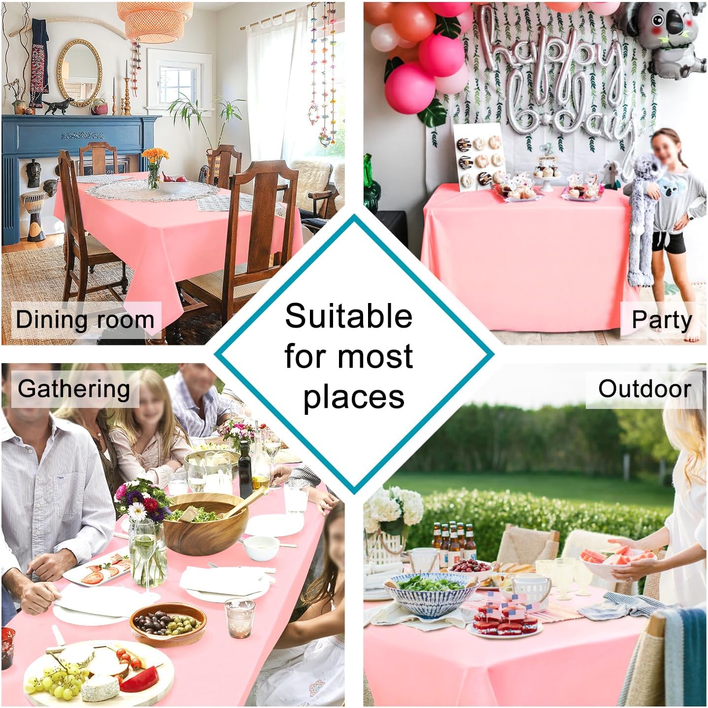 Hiasan Waterproof Tablecloth Rectangle - Washable Fabric Table Cloth for Dining Room Kitchen Birthday Party and Outdoor Use, Rose Pink, 70 x 140 Inch
