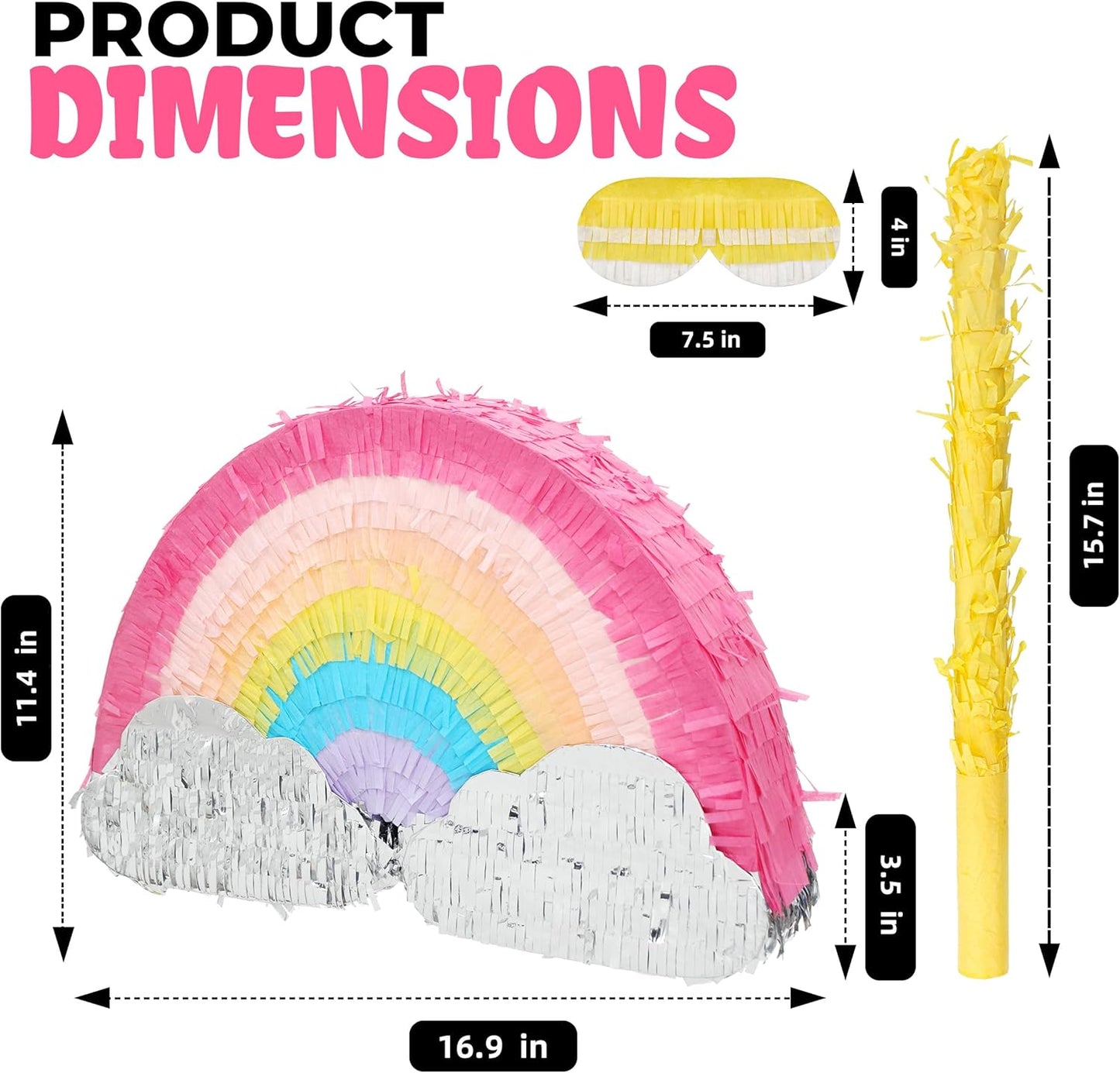 Rainbow Pinatas Bundle with a Blindfold and Bat (16.5x8.5x3.5 Inches), Rainbow Pinatas for Girls Birthday Parties Girl, Perfect for Unicorn Party, Theme Party, Decoration