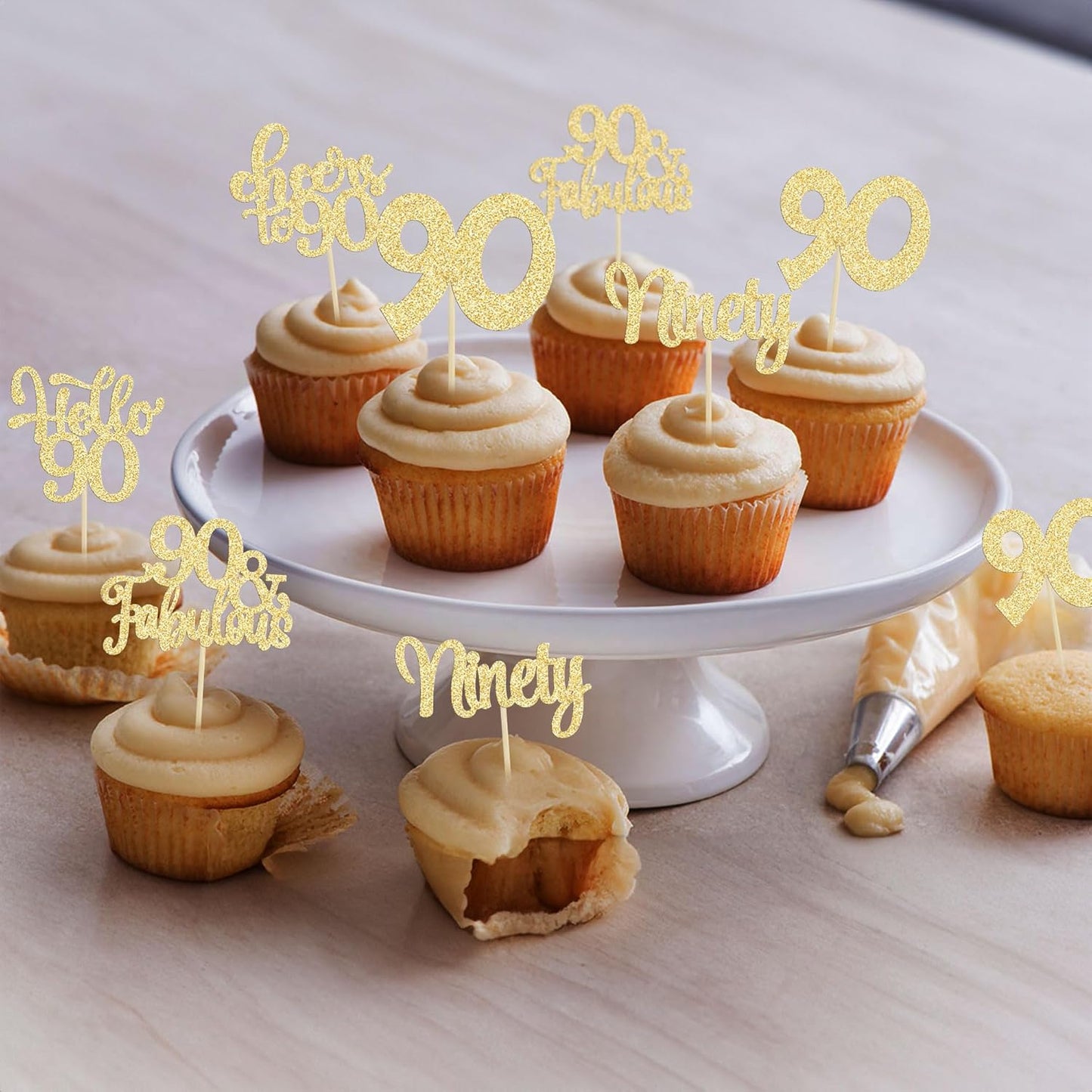 30pcs Happy 90th Birthday Cupcake Toppers - Gold Glitter Ninety Cheers to 90 Years Old Cupcake Picks for Anniversary Party Cake Decorations
