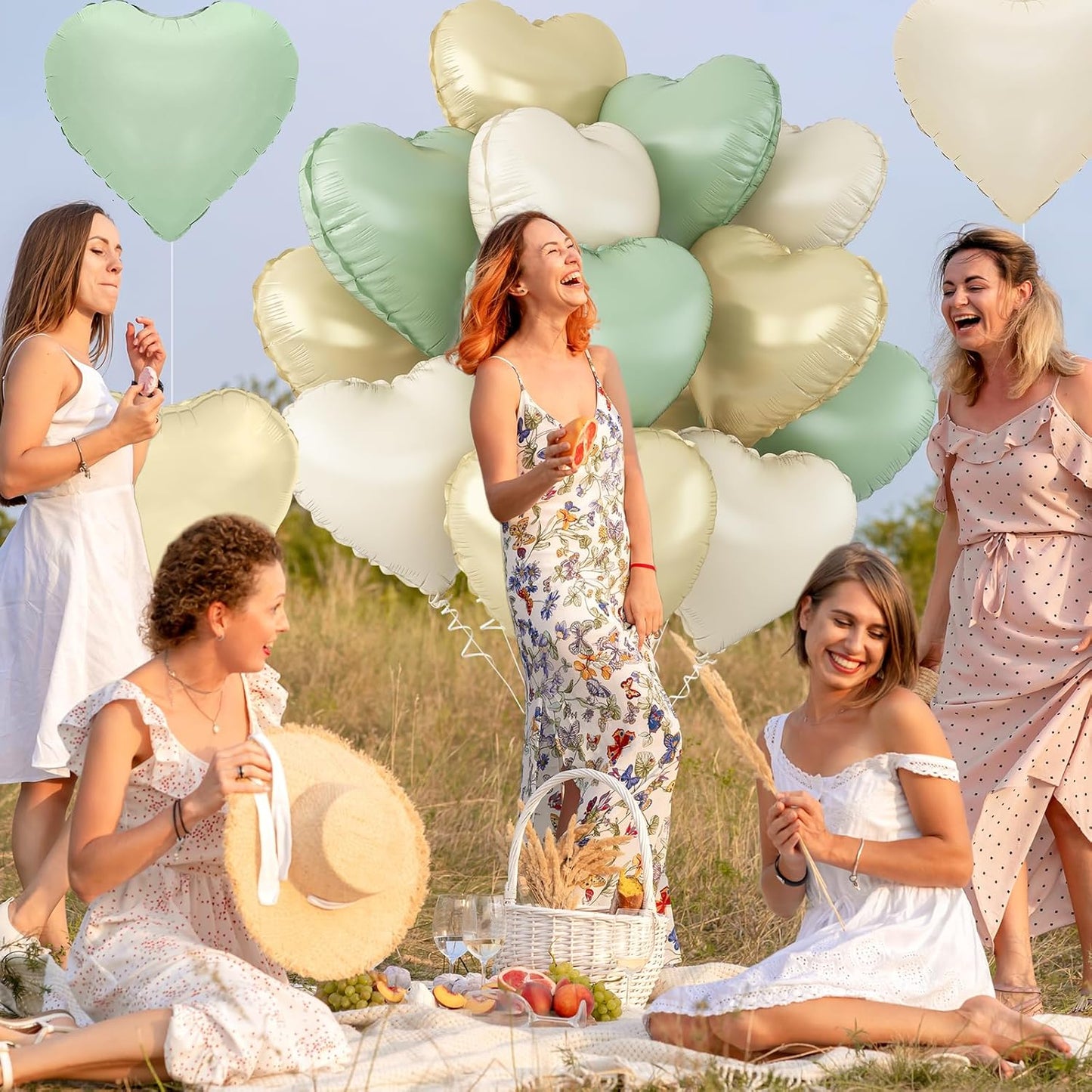 Sage Green Gold Heart Balloons,12Pcs Light Gold Heart Shaped Foil Balloons,18Inch Cream White Helium Polyester Film Balloon for Baby Shower Birthday Anniversary Wedding Party Decorations