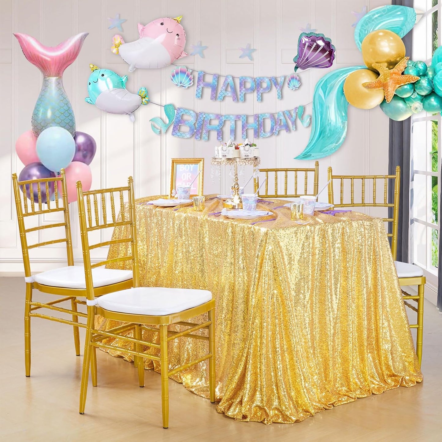 QueenDream Gold Sequin Tablecloth 60x102 Inch Sparkly Gold Wedding Tablecloth for Baby Shower Birthday Christmas Party Decorations