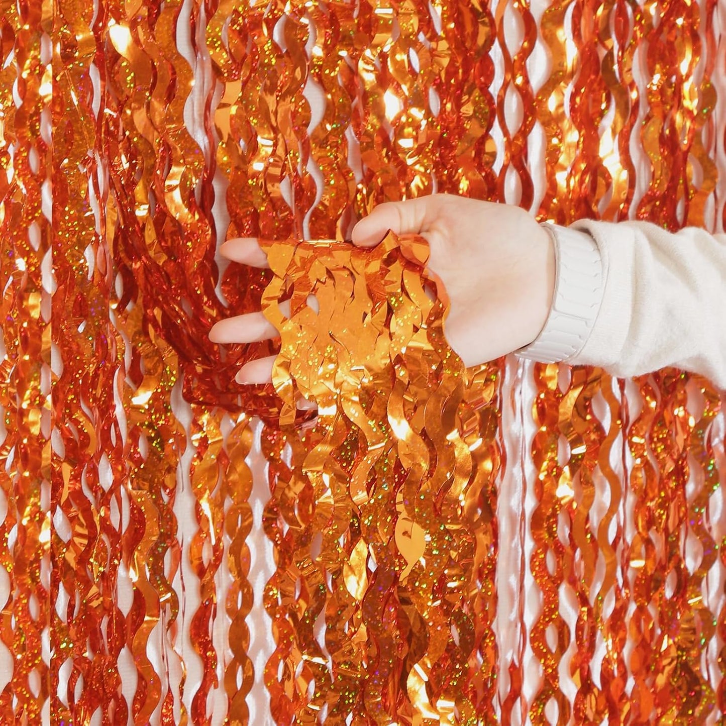 4 Pack Orange Wavy Metallic Tinsel Foil Fringe Curtains | 3.3 ft x 6.6 ft Party Streamer Backdrop Photo Booth for Orange Basketball Party Decorations Holloween Christmas