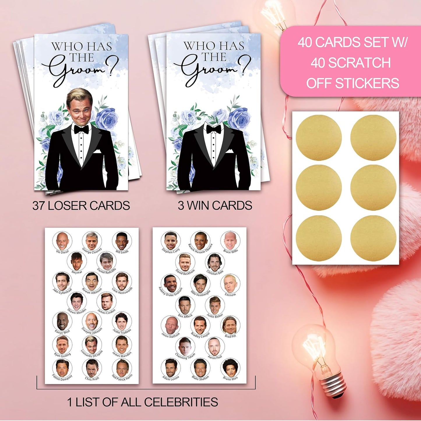 Who Has The Groom Bridal Shower Games, 41 Pcs Blue Floral Scratch Off Cards, 3.5"x 2.1" Funny Bachelorette Party Game Favor Decor, Engagement Party Ideas Activities-A04