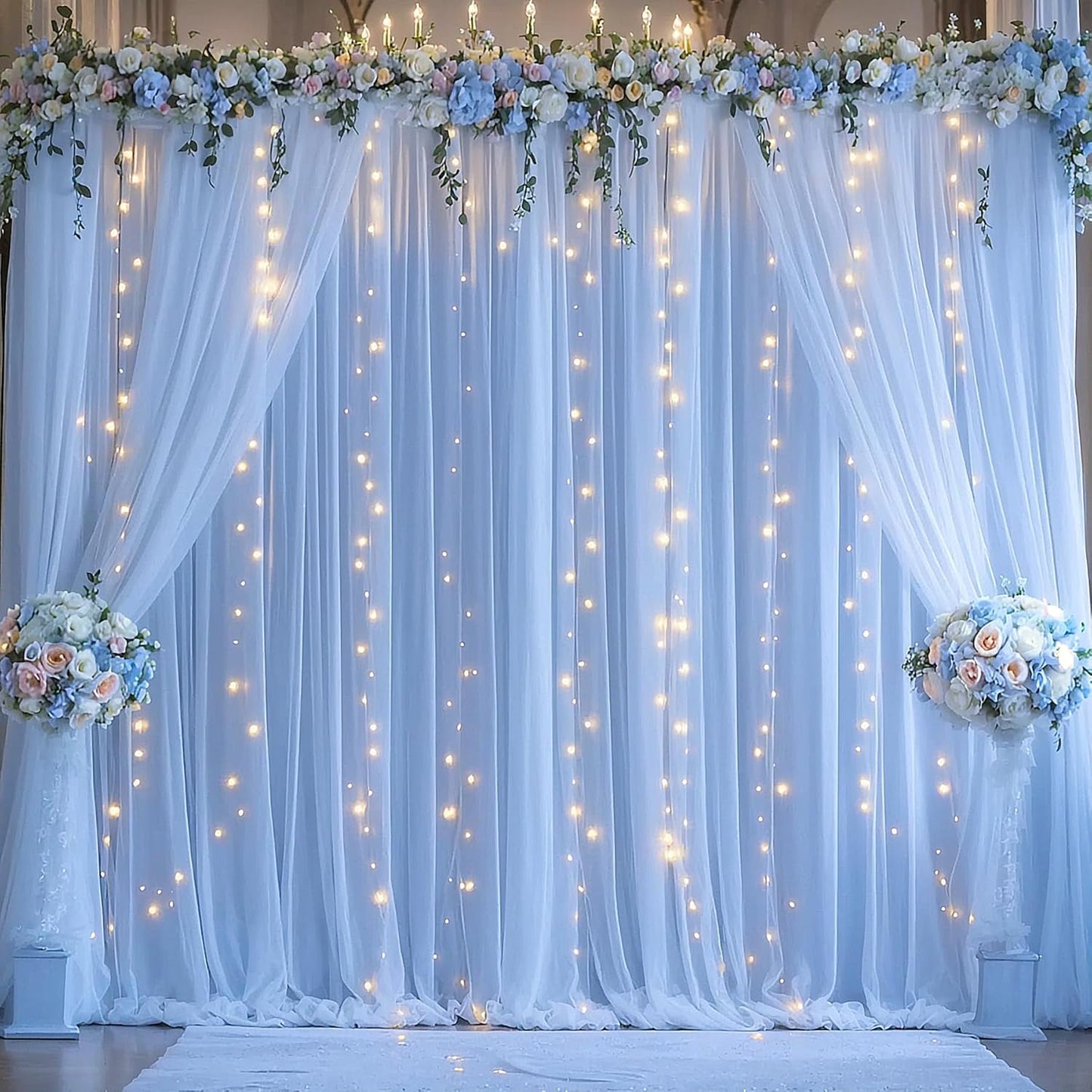 Baby Blue Sheer Tulle Backdrop Curtains with Lights String for Parites Baby Shower Decorations for Boy Bridal Shower Birthday Party Photo Shoot Background Wall Decorations 10×8ft(2 Panels 5×8ft)