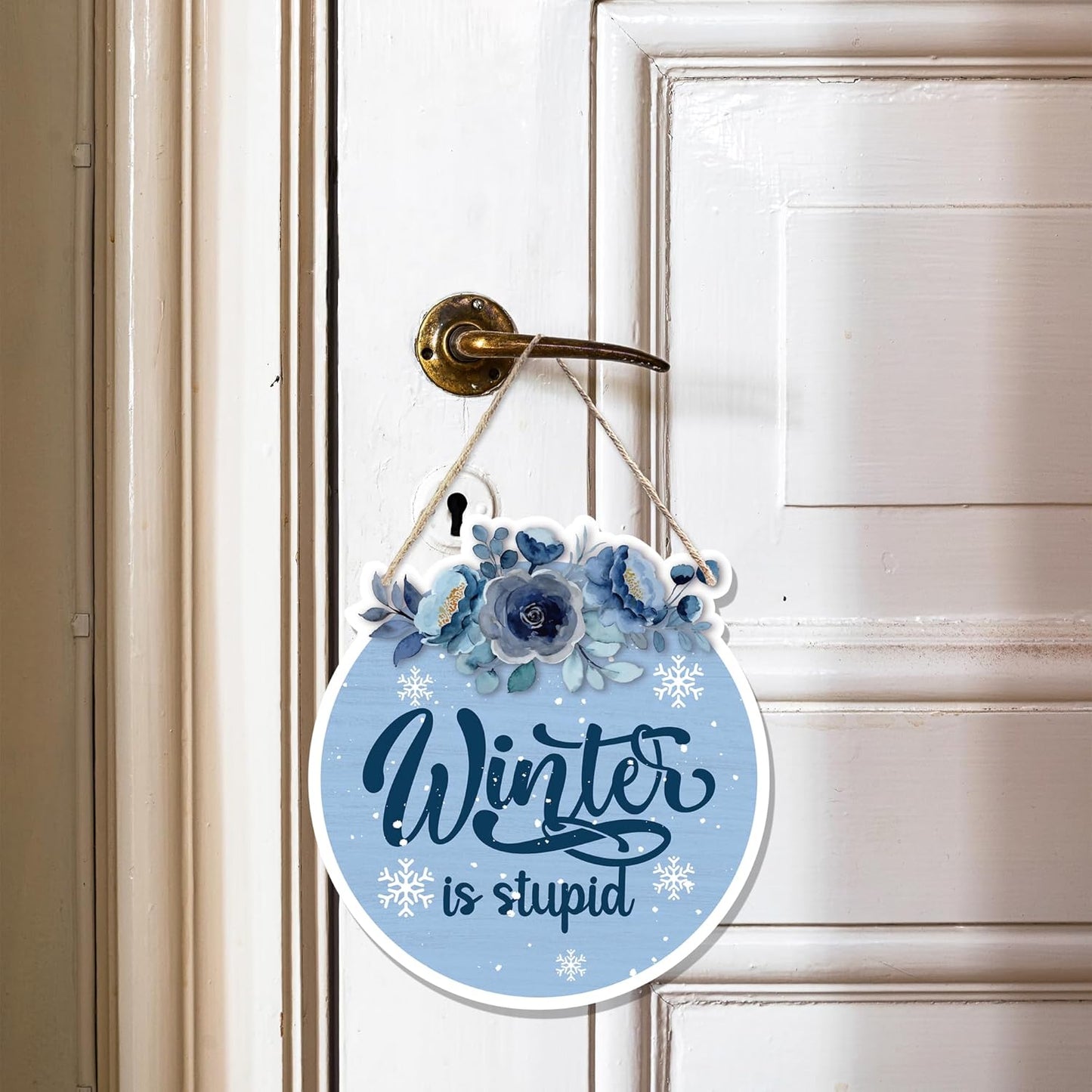 CGBHW Funny Navy Blue Winter Christmas Wooden Sign, Winter Snowflake Snowy Dusty Blue Flowers Decoration Hanging Sign Wall Decor, Christmas Seasonal Holidays Wooden Signs for Home Door Decor 12 x 12 Inch