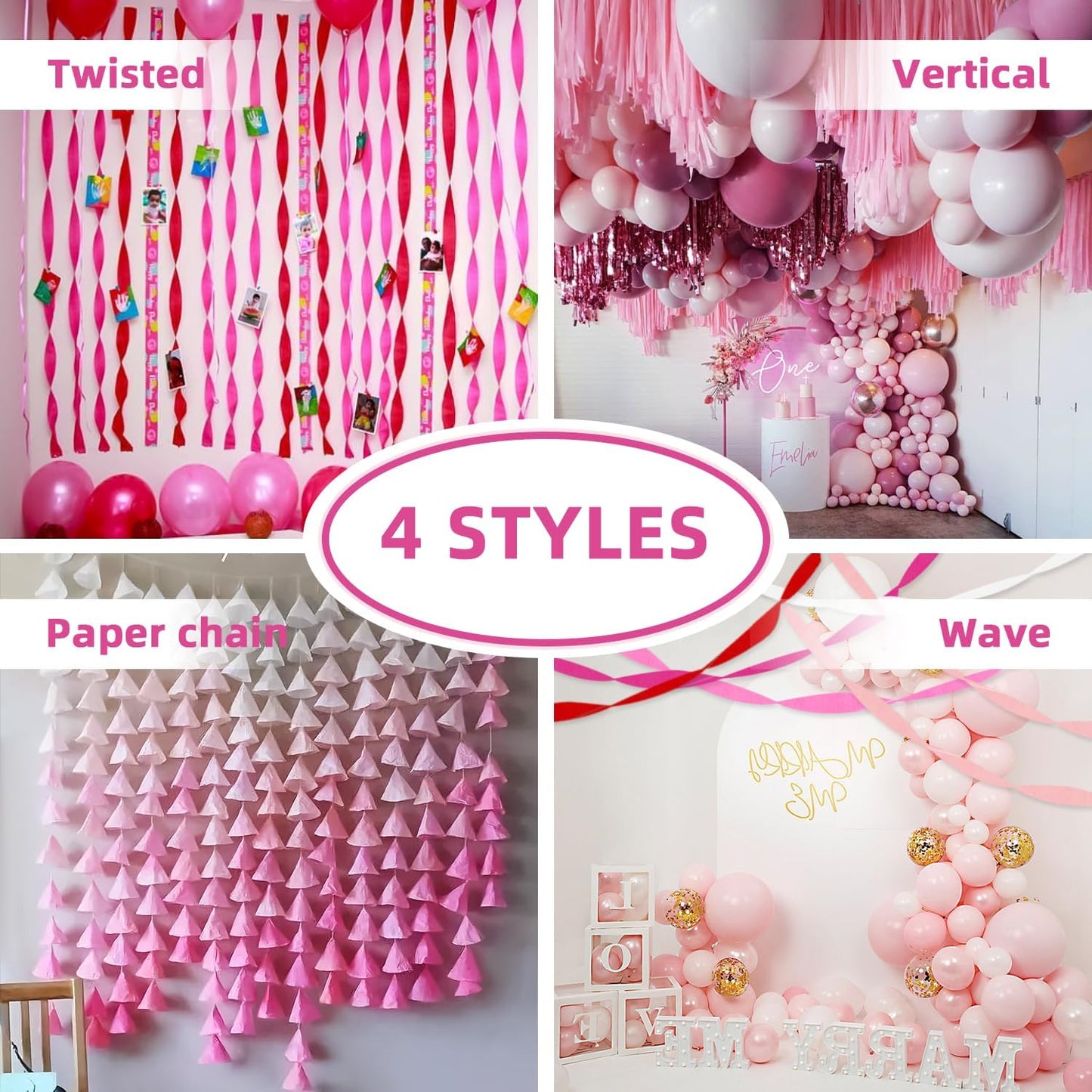 Crepe Paper Streamers 8 Rolls 656ft, Pack of Red, Hot Pink, Peach and White Party Streamers for Bachelorette Girl Birthday Party Baby Shower Reunion Wedding Decorations (1.8Inch x 82Ft/Roll)