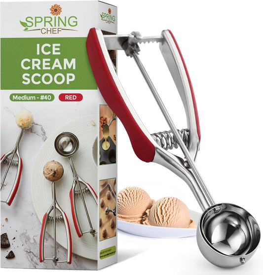 Spring Chef Red Medium 1.7 Tbsp Cookie Scoop for Baking - Stainless Steel #40 Melon Baller Scoop with Trigger Release - Multifunctional Food Scooper for Kitchen - Dishwasher Safe Cookie Baller