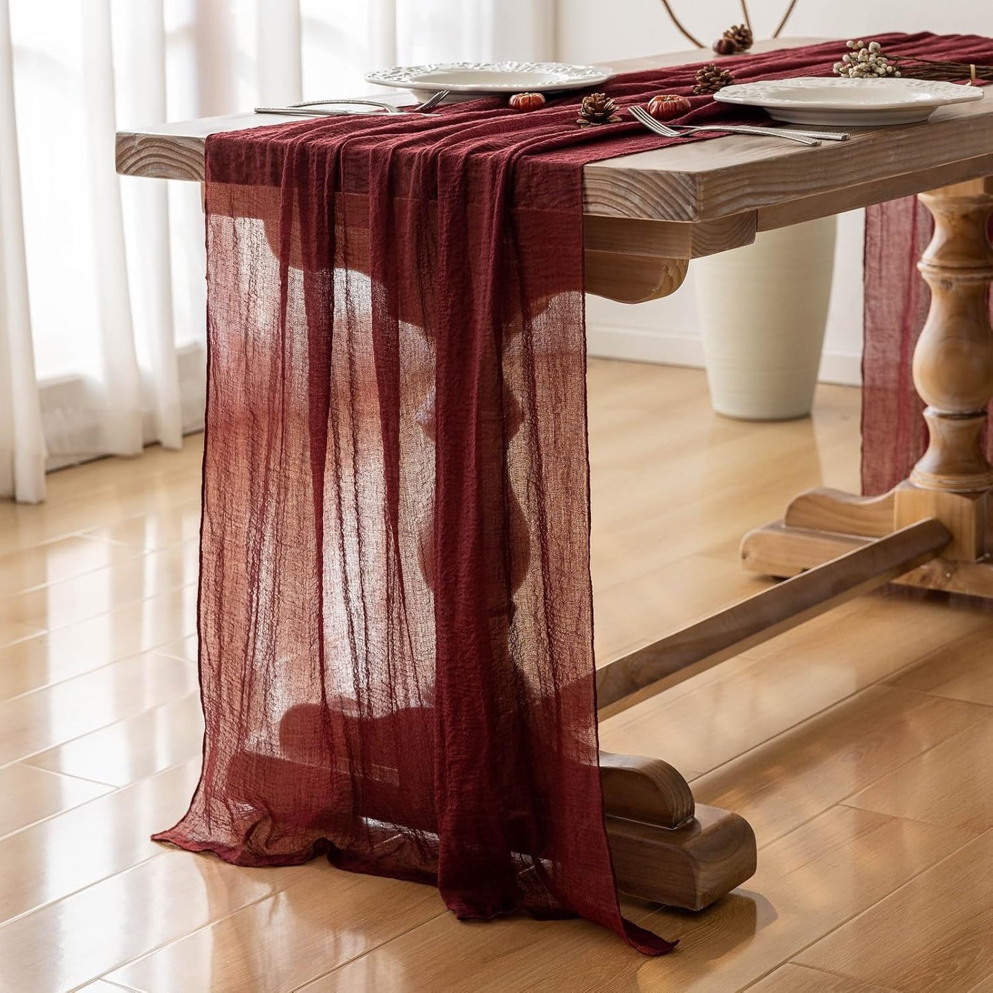 3pcs Burgundy Cheesecloth Table Runner Gauze 120 Inch 10 FT Rustic Boho Cheese Cloth Runner for Wedding Baby Shower Bridal Shower Engagement Birthday Party Long Sheer Home Decorations