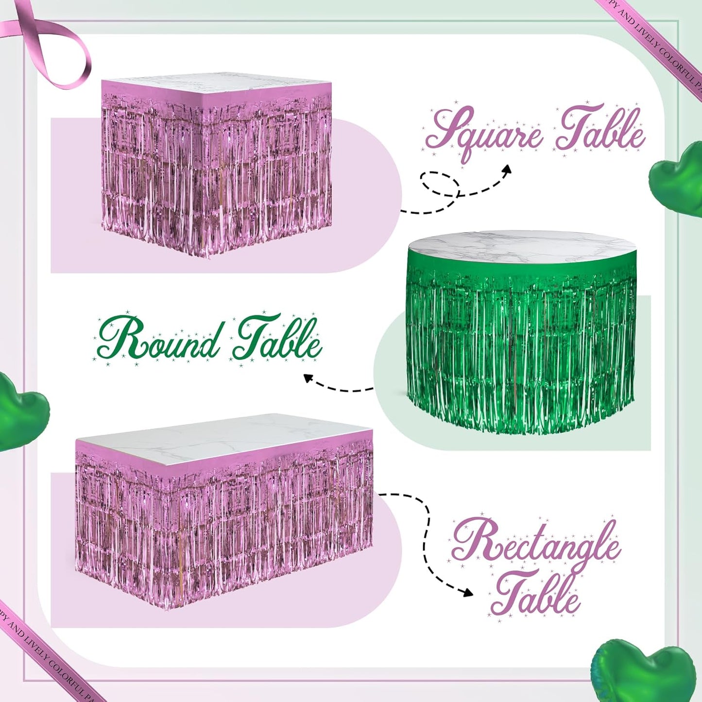 2 Pack Light Pink Green Table Skirts, 29x108" Metallic Foil Tinsel Fringe Table Skirt for Rectangle Tables Streamer Curtains Backdrop, Party Decorations for Birthdays, Weddings, Holidays