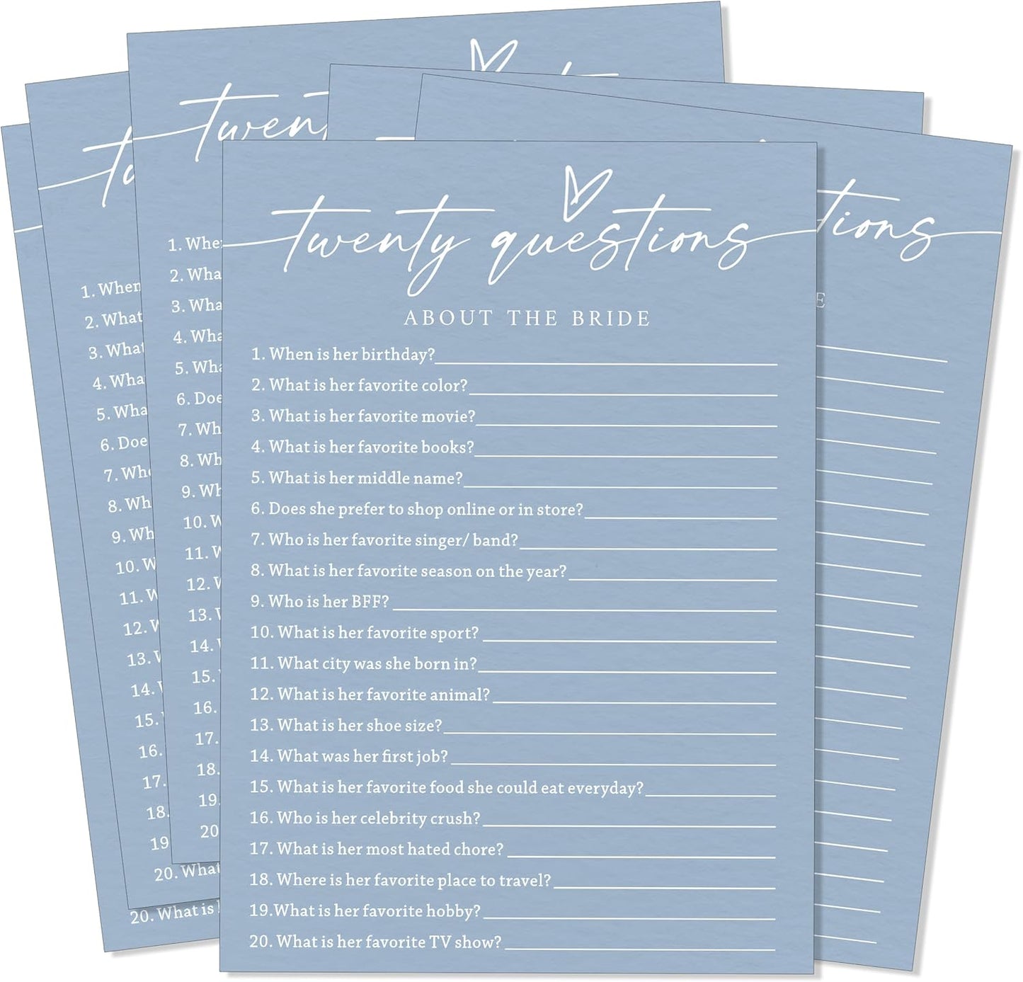 Fun Wedding Shower Games Cards, Twenty Questions About the Bride, Bridal Party Game and Favors for 25 Guests, Bridal Shower Decorations, Minimalist Blue Wedding Party Supplies - B07
