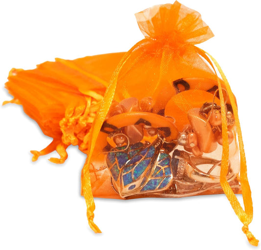 TheDisplayGuys 100-Pack 4x6 Orange Sheer Organza Gift Bags with Drawstring, Goodie Bags for Jewelry, Candy, Treat, Wedding Favors Small Mesh, Halloween, Mother's Day, Father's Day