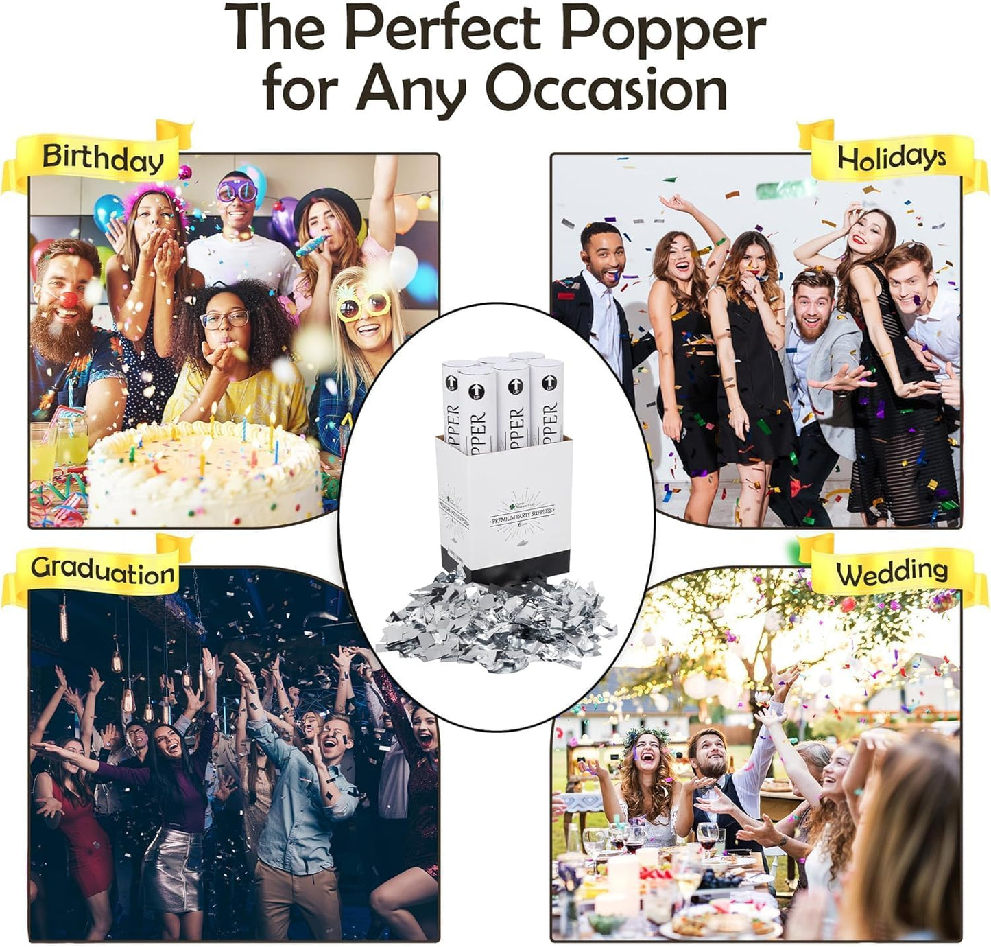 Confetti Cannons 12" – 6 Pack Gold Mylar Confetti Poppers | Party Poppers for Weddings, Birthdays, Graduations & Events | Air-Powered, Safe & Easy to Use | Shoots 25 Feet Indoor & Outdoor