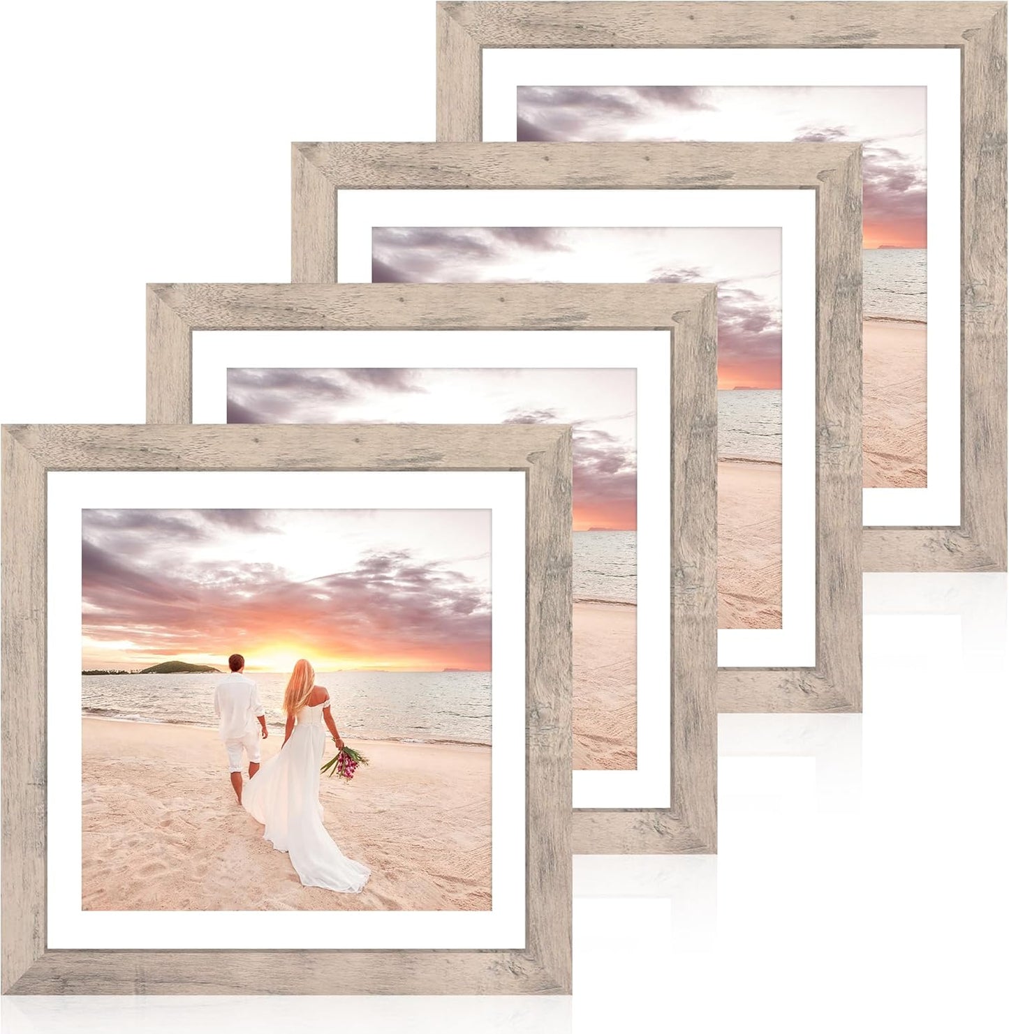 12x12 Picture Frame Set of 4 with Tempered Glass, Smoke Gray Frame Display 10x10 Picture with Mat or 12 x 12 Without Mat, Wood Square Photo Frames for Desktop Display and Wall Mounting