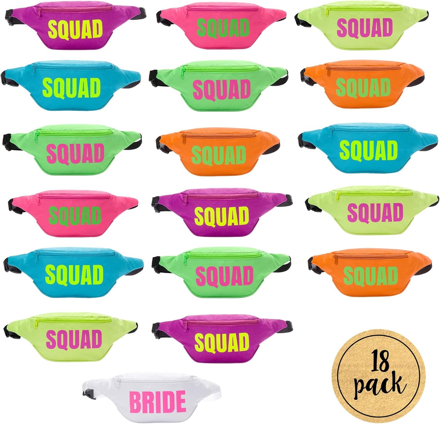 Bachelorette 80s Fanny Pack Set | 18 Pack | 1 Bride Fanny Pack and 17 Squad Fanny Packs | Bachelorette Party Favors