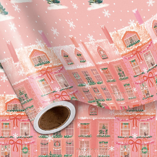 LeZakaa Pink Christmas Wrapping Paper Roll for Girls Kids, Winter Street Scene Romantic Townhouse with Snowflakes for Holiday Gifts, Family Friends, Winter Wonderland, Mini Roll 17 in x 16.4 Ft