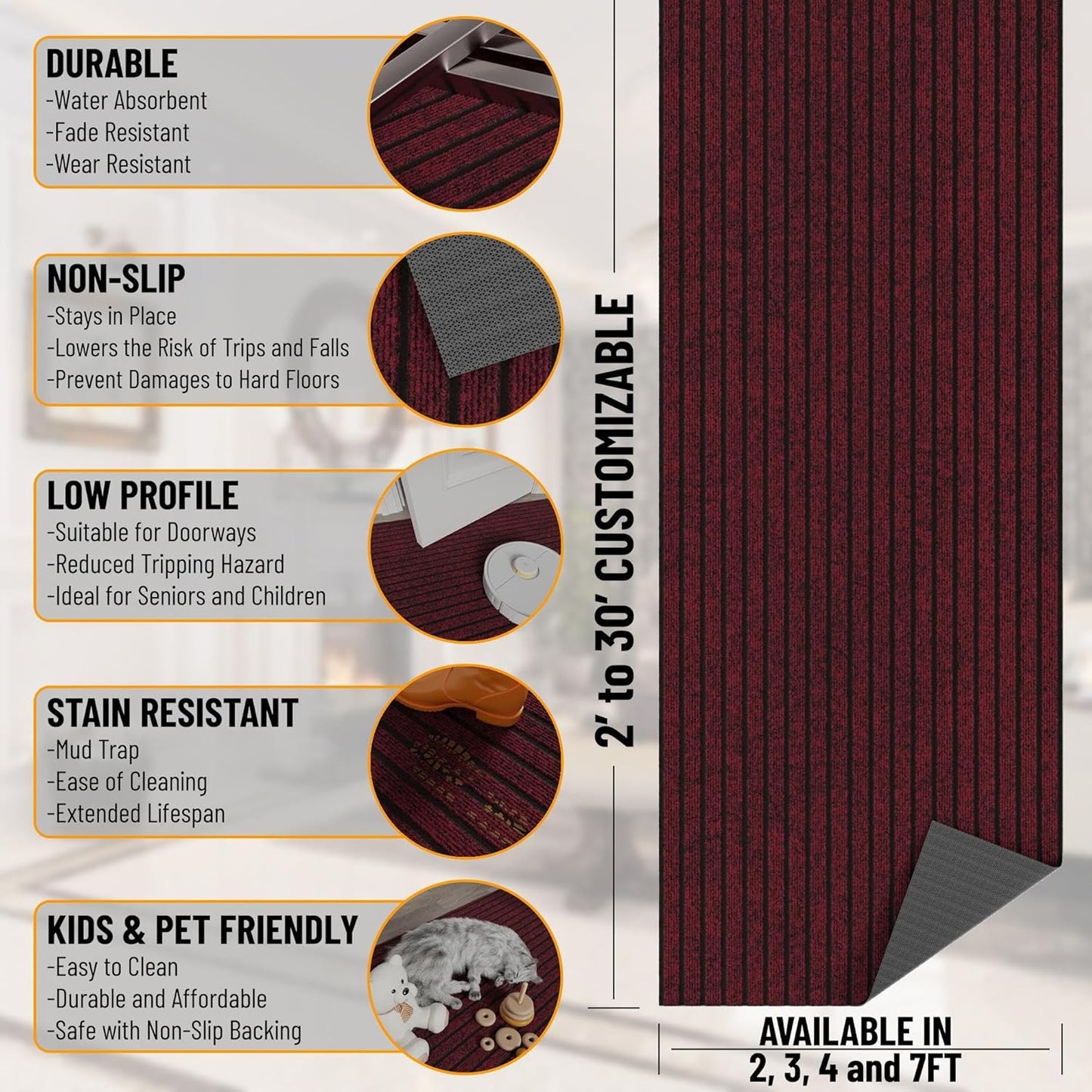 Ottomanson 2' x 8' Hallway Runner with Scraper Pile - Extra Durable Non-Slip Rug Mat for Indoor & Outdoor Use - Ideal for Kitchen, Entryway, Patio & Garage - High-Traffic Carpet, Red