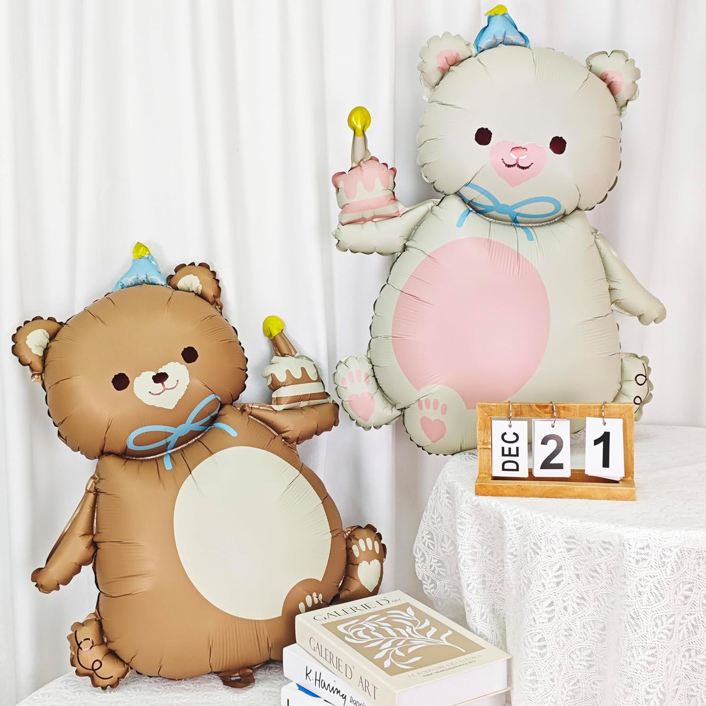 2PCS Matte bear Animal balloon With hat Big Brown bear balloon Holding birthday candle cake bear Foil Balloon for Kids Jungle Safari Zoo Farm Birthday Theme Party Baby Shower Decoration Cream white