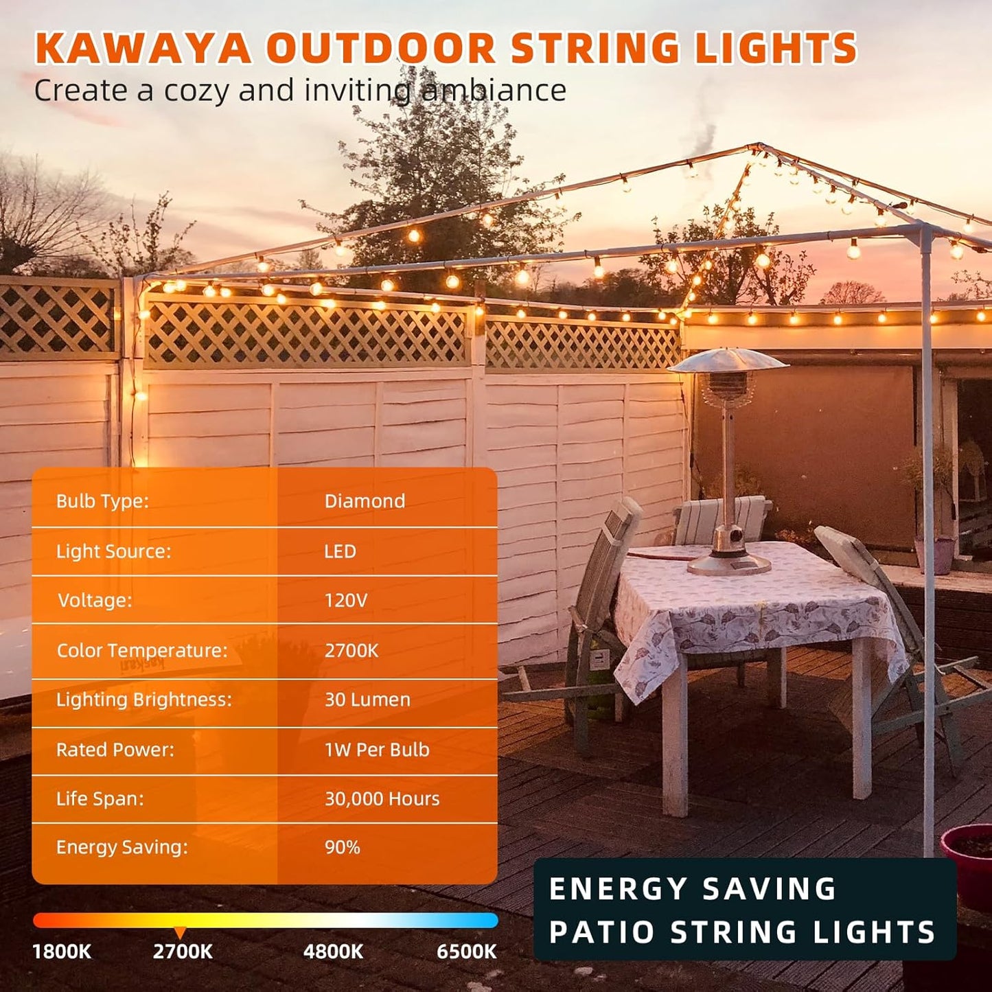 Kawaya 200FT Outdoor String Lights - LED Waterproof Patio Light for Outside with 100+4 G40 Globe Blubs - Shatterproof Hanging Lights for Porch Bistro Backyard Gazebo Balcony Cafe