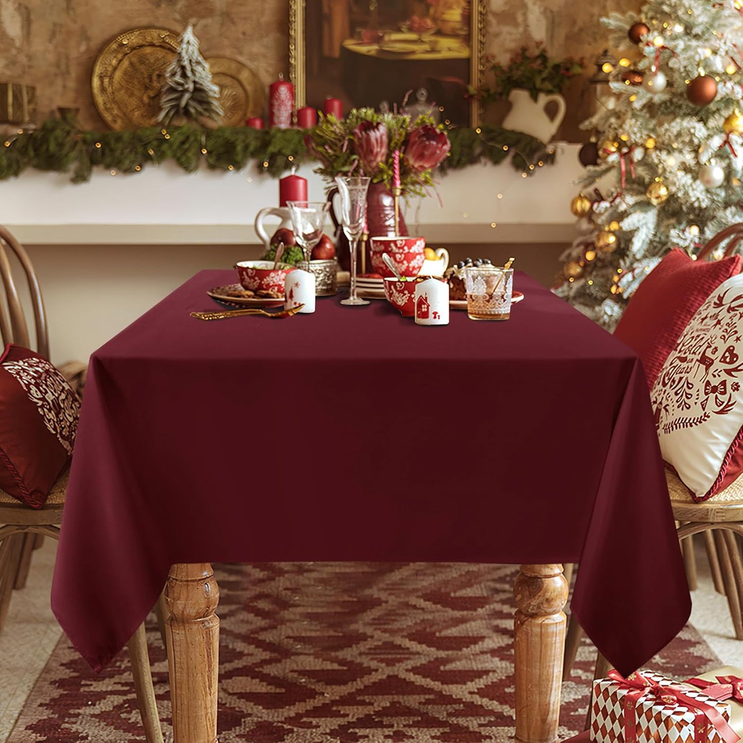 sancua 2 Pack Burgundy Tablecloth 60 x 102 Inch, Rectangle 6 Feet Table Cloth - Stain and Wrinkle Resistant Washable Polyester Table Cover for Dining Tables, Buffet Parties and Camping