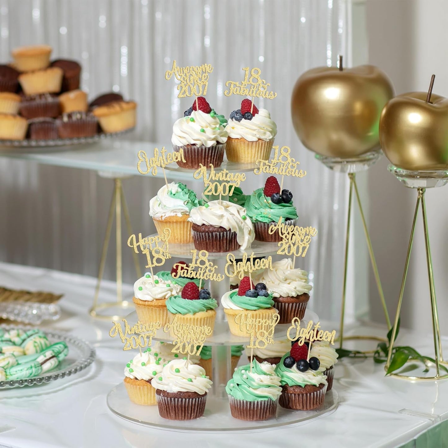 30Pcs Vintage 2007 Cupcake Toppers Glitter Eighteen Happy 18th Birthday 18 Fabulous Cupcake Picks Cheers to 18 Years for 18th Birthday Wedding Anniversary Party Cake Decorations Supplies Gold
