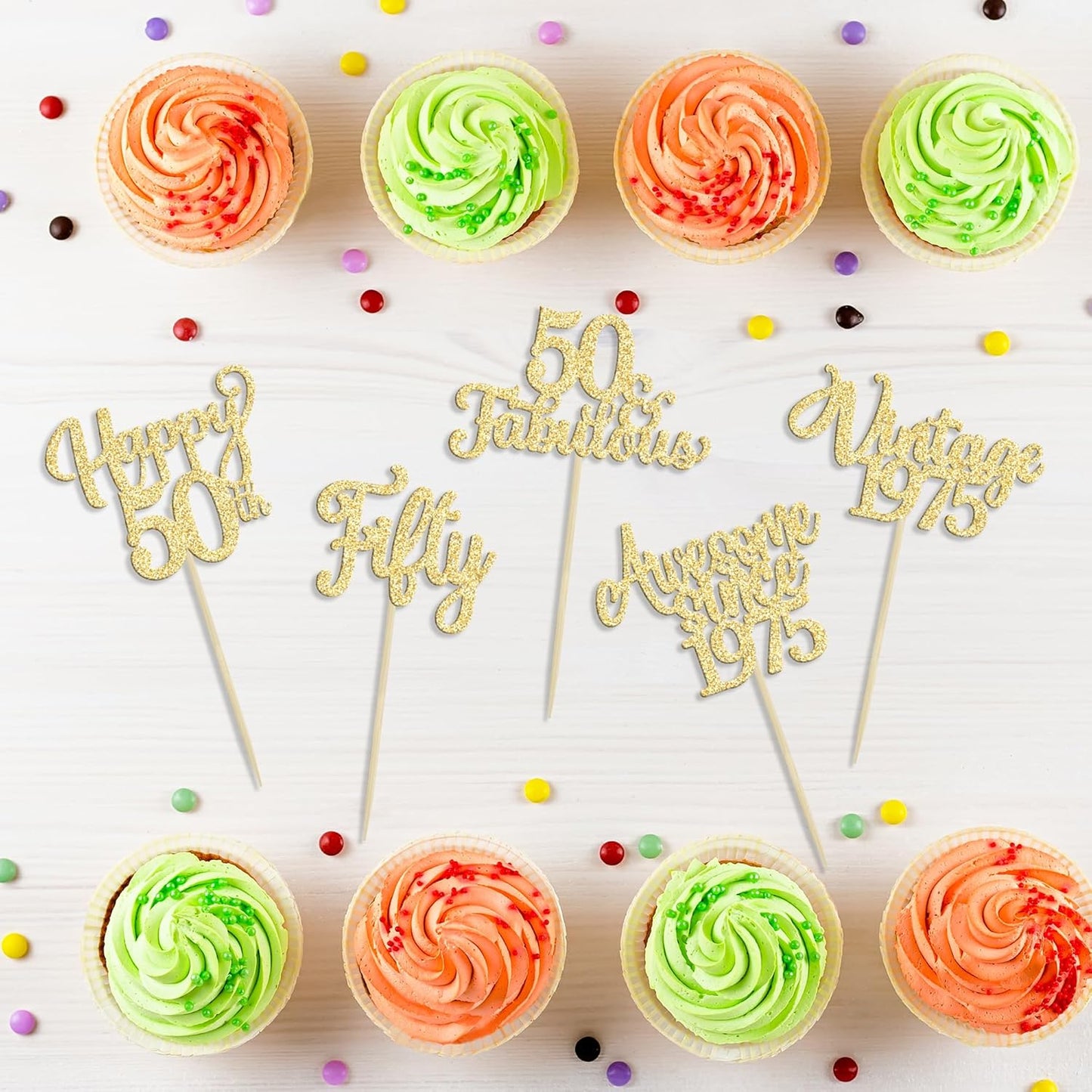30Pcs Vintage 1975 Cupcake Toppers Glitter Fifty Happy 50th Birthday 50 Fabulous Cupcake Picks Cheers to 50 Years for 50th Birthday Wedding Anniversary Party Cake Decorations Supplies Gold