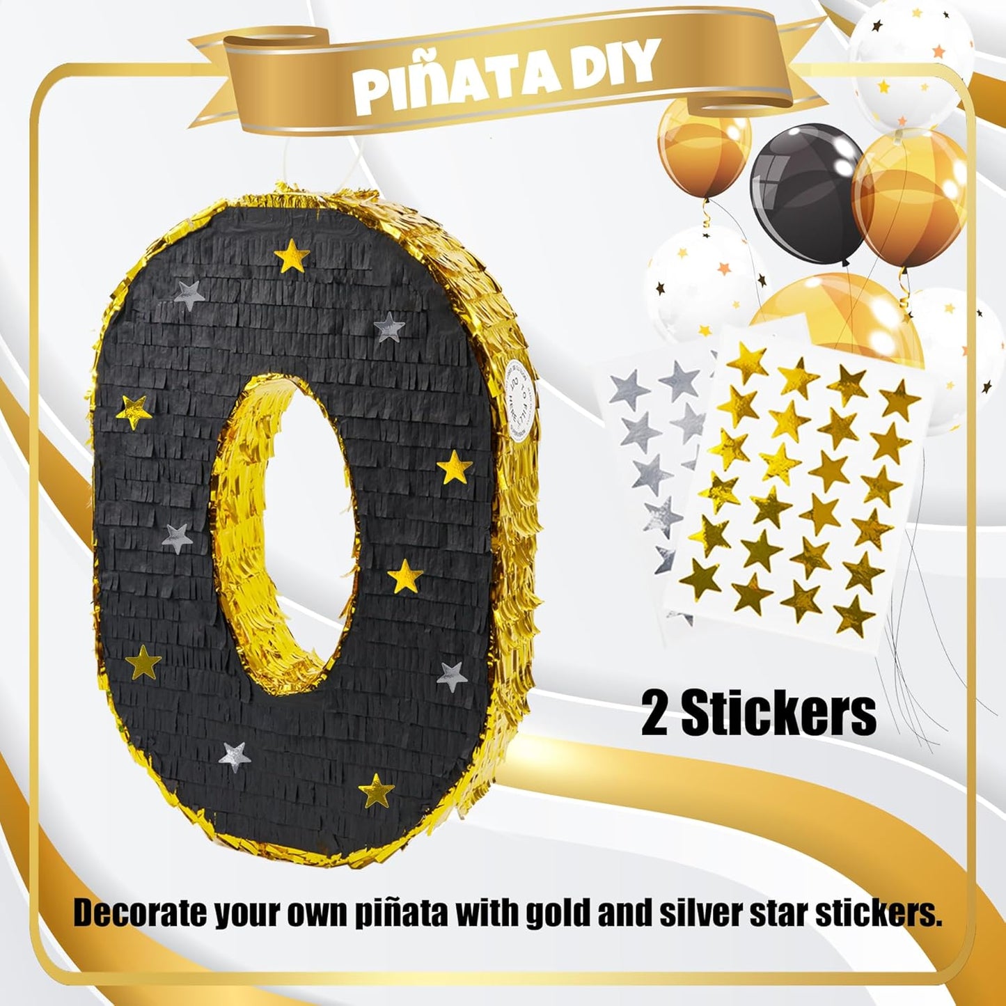 PCFING 20 Inch Number 0 Piñata Gold Black with 30 Inch Piñata Stick Blindfold Confetti for Man Women Boys Girls Birthday Party Decorations, Anniversary Celebration, Fiesta