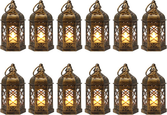 LLQ Mini Lantern with LED Candle, 12PCS Small Lanterns Decorative Indoor, Vintage Moroccan Lights for Halloween Decorations, Hanging Ornaments for Christmas, Table Centerpiece, Boho Wedding Decor
