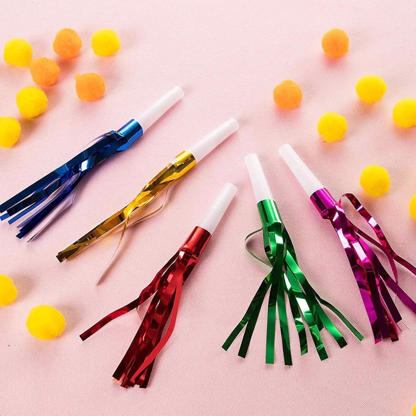 Juvale Party Noise Makers & Horns 50-Pack 5 Colors - Plastic Blow Pipes with Tinsel Fringe - Bulk Party Blowers - Birthday & Sporting Event Favors