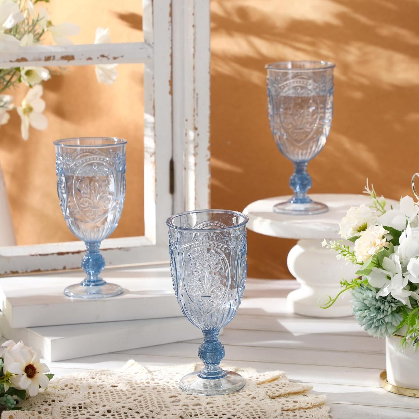 36 Pack Plastic Goblets 10oz Upgrade Vintage Water Goblet Plastic Wine Glasses Colored Retro Embossed Glassware for Party Wine Bar Juice Baby Shower Wedding Reception Grand (Blue)