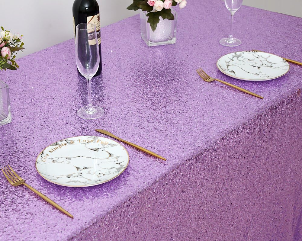 QueenDream Sparkly Sequin Tablecloth - Light Purple Table Cloth 50x80 Inches Rectangle Table Overlay Fabric for Birthday Parties Baby Shower Decoration