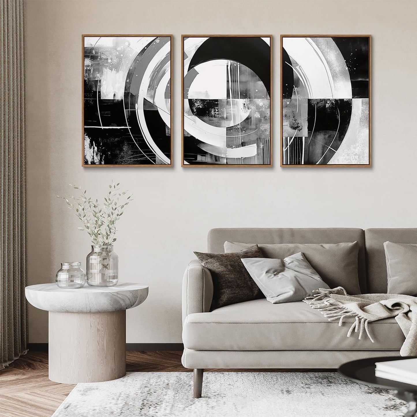 myusuar 3 Piece Large Modern Abstract Canvas Framed Wall Art For Living Room, Black And White Rings Minimalist Wall Art Decor Posters Prints For Bedroom Office, 16x24in