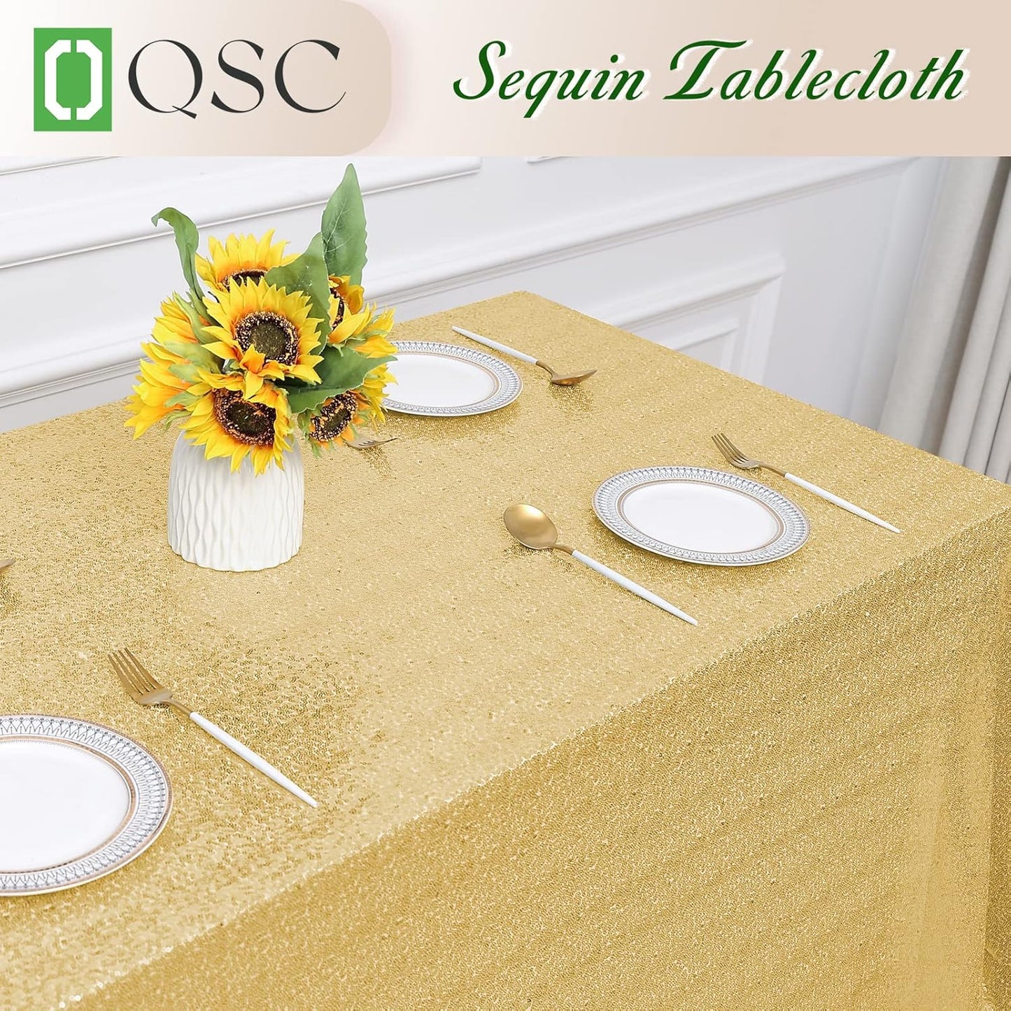 OQSQ Gold Sequin Tablecloth 50x80 inch, Glitter Drape Table Cloth, Sparkle Sequence Table Overlays for Thanksgiving Day Wedding Birthday Party Baby Bridal Shower