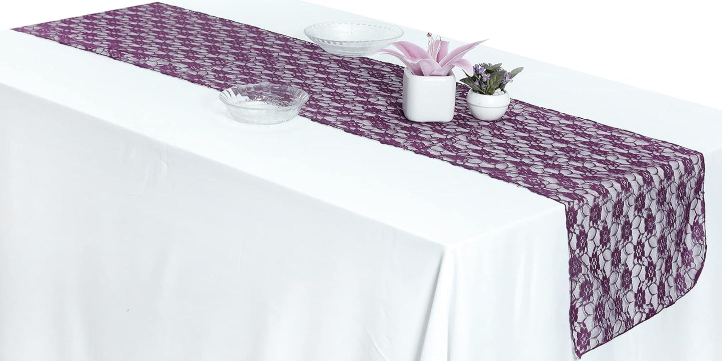 MDS Pack of 10 Wedding 12 x 108 inches Lace Table Runner for Wedding, Decorations for Birthday Parties, Banquets, Graduations, Engagements, and Runners fit Rectangle, Round Table- Plum