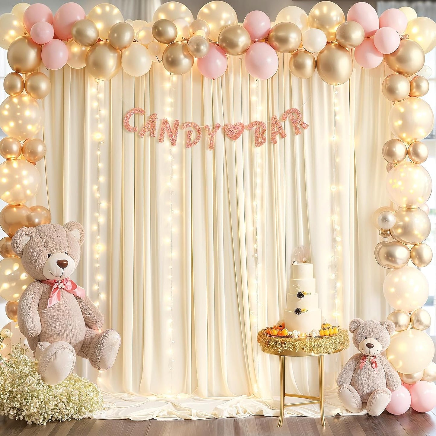 Light Champagne Backdrop Curtains with Lights String for Parties,10x10FT Wrinkle Free Wedding Photo Backdrop Curtains for Baby Shower Birthday Ceremony Reception Home Party Decorations-5ft x 10ft