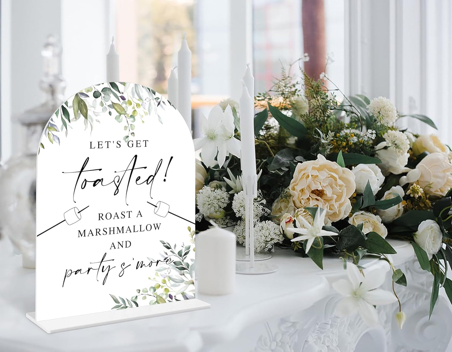 Greenery S'mores Bar Sign, 6 x 8 Inch White Arch Acrylic Wedding Sign with Holder, Wedding Sign for Ceremony and Reception, Wedding Decoration, Wedding Supplies - LY20