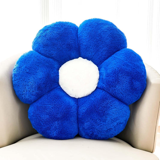Royal Blue Flower Pillow, Cute Decorative Flower Shaped Throw Pillow with Faux Rabbit Fur, 19.6" Soft Flower Plush Throw Pillow Floor Pillows Room Décor for Bedroom Living Room