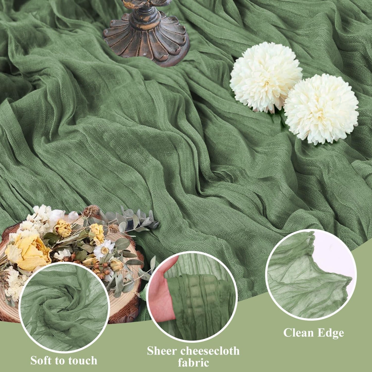 Asee'm 12pcs Cheesecloth Table Runner 120 Inches Sage Green Boho Gauze Cheese Cloth Runner 10FT Rustic Sheer Table Runners for Summer Wedding Baby Shower Holiday Party Decoration