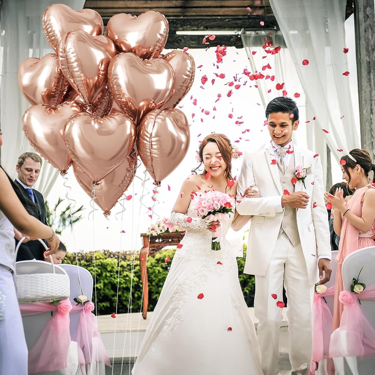 Rose Gold Foil Heart Balloons, 18 Inch Large Rose Gold Heart Shape Mylar Balloon, Metallic Champagne Helium Heart Foil Balloons for Valentine Girls Women Birthdays Baby Shower Wedding Party Decor