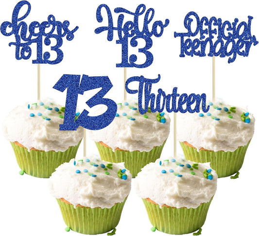 30Pcs 13th Birthday Cupcake Toppers Hello 13 Cupcake Picks Official Teenager Cheers to 13 Years Old Cake Decorations for 13th Birthday Anniversary Party Supplies Deep Blue Glitter